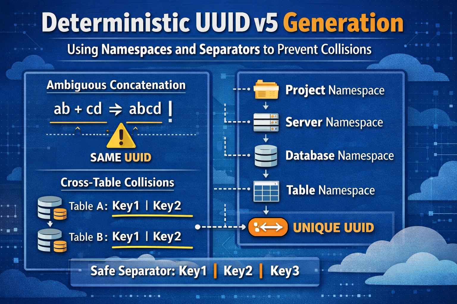 Deterministic UUID v5 generation with namespaces and separators to avoid collisions