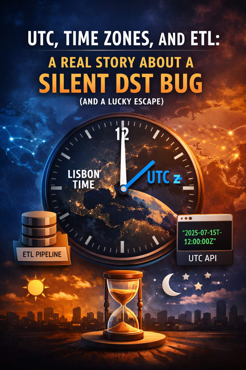 Clock with multiple time zones representing UTC and local times in ETL